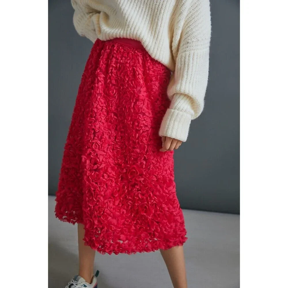 Pink Anthropologie Maeve Floral Lace Textured Full Midi Skirt (NWT) - Picture 5 of 6